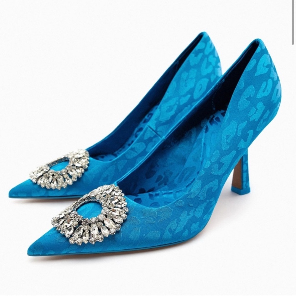 Zara Blue Animal Print Heels with Rhinestone Embellishment - Picture 11 of 14
